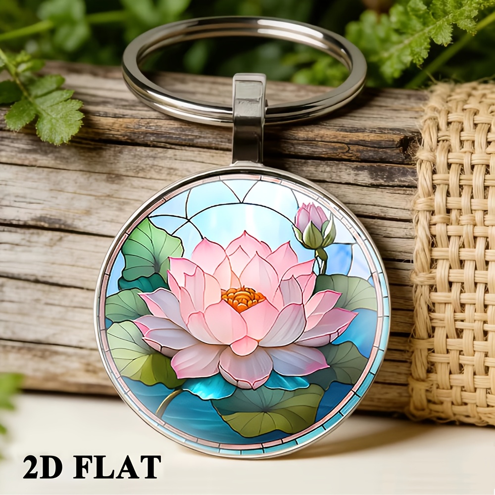 Time Stone Keychain with Pink Lotus Flower Pattern